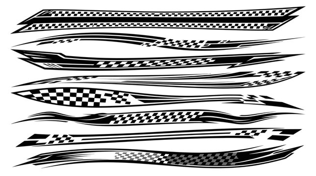 Set of black and white racing stripes and checkered flag decals for vehicle decoration.