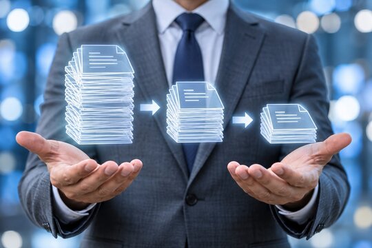 Suited person presenting document stacks linked by arrows to suggest data reduction