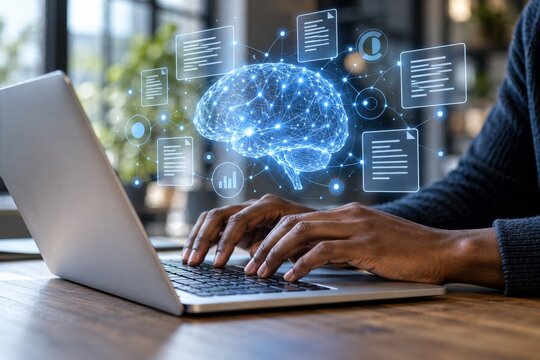 Hands Typing on Laptop Beneath Blue Network Brain and Document Panels