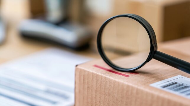 Magnifying glass inspecting cardboard package