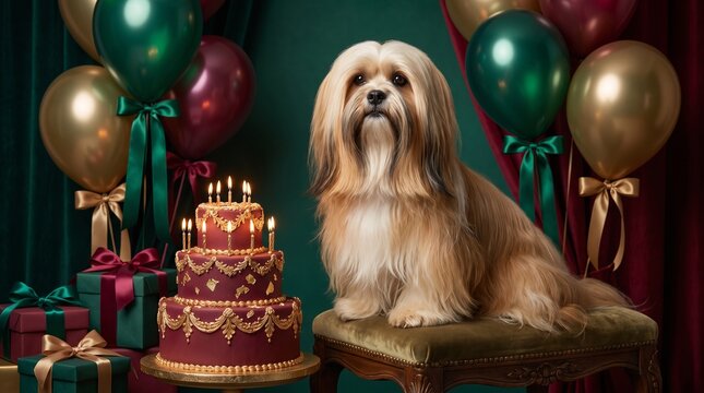 Cute lhasa apso dog sitting on a stool next to a birthday cake with