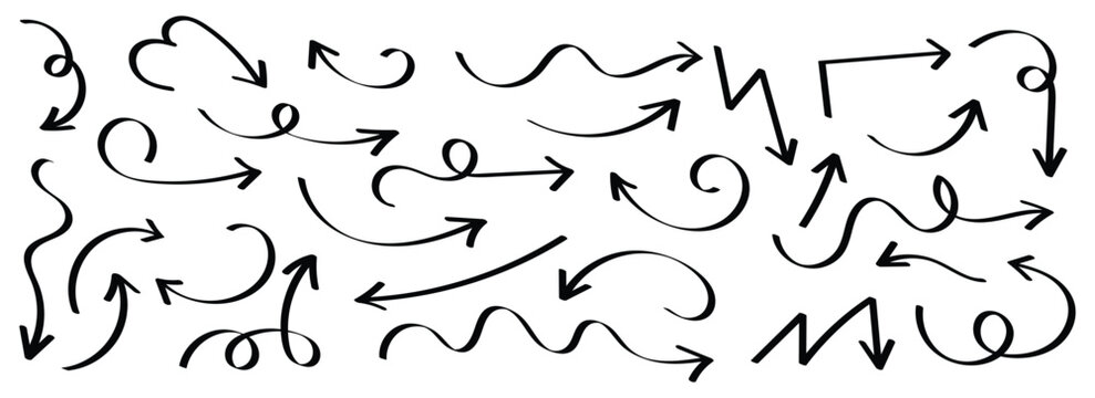 Curved and wavy arrow icon perfect for creative and professional works. Directional navigation pointers doodle arrow set isolated on white background.