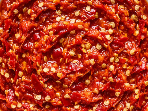 Macro texture of spicy red chili paste with seeds, hot sauce background