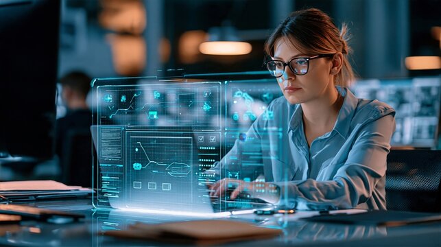 Operations Coordinator Reviewing Warehouse Robotics Dashboard in High-Tech Office