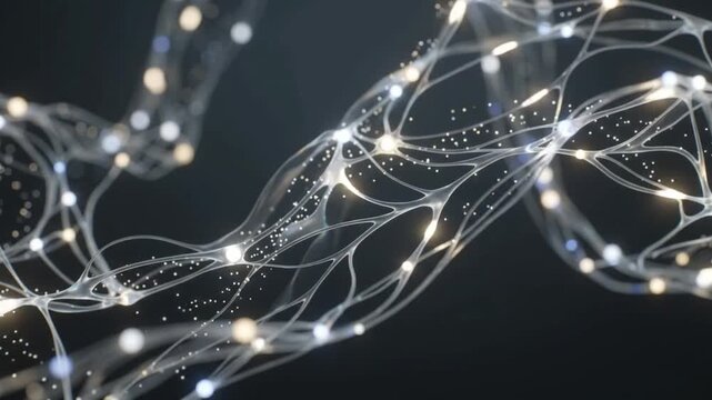 Minimalist artificial intelligence concept featuring delicate glowing data impulses moving through organic transparent fiber connections in a seamless continuous loop.