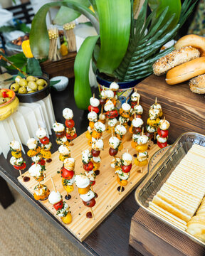 Caprese Skewers with Cherry Tomatoes and Mozzarella on Catering Buffet