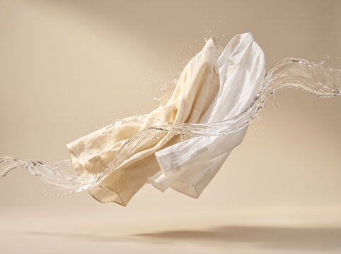 Crisp linen shirts floating gracefully against a warm neutral background while dynamic crystal clear water splashes around them creating a refreshing aesthetic commercial product display composition