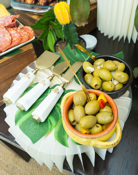 Green Olives Served in Bowls on Elegant Catering Buffet