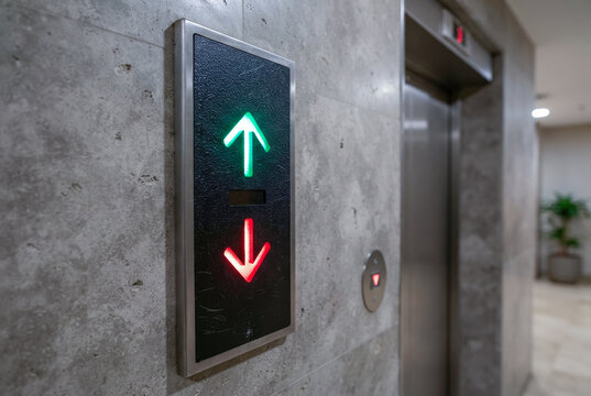 Illuminated green up and red down arrows on an elevator call panel mounted against a textured concrete wall in a modern indoor hallway