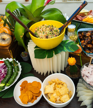 Colorful Catering Buffet with Salad, Chips and Fresh Vegetables