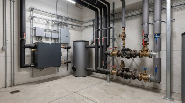 Heat pump system hydraulic interface in modern commercial plant room with buffer vessel and piping
