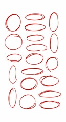Hand drawn red line brush oval set.hand draw line brush pencil oval red Color doodle marker chalk pen . round circle underline frame check sign bubble texture background vector illustration.  © 112211 studio 