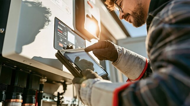 Solar inverter technician reviewing firmware on tablet outdoors
