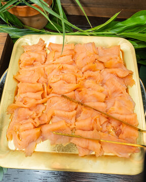 Smoked Salmon Slices Served on Catering Platter
