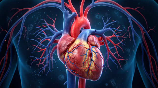 Human heart anatomy with circulatory system vessels isolated on dark
