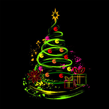Holiday dynamic composition with spiral Christmas tree, gift box, poinsettia, splattered paint, brush strokes. Outline illustrations of Christmas decorations in grunge style. Vivid neon colors.