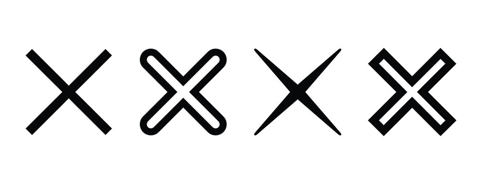 Collection of four different black cross mark representing cancel, delete, or wrong choice on a white background