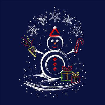 Holiday winter composition with happy Snowman character, flying snowflakes, gifts. Outline icons in grunge graffiti like style. Bright high contrast illustration for Christmas, New Year.