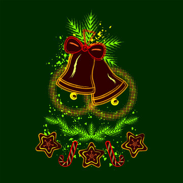 Festive emblem with pair of bells, splattered paint, sweets, fir branch. Design for Christmas, new year holiday. Grunge graffiti like style in bright neon colors.