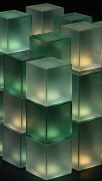 group nine square shaped cubes arranged grid like pattern cubes glass greenish blue color lit within creating soft glow illuminates surface cubes background black making cubes stand out even more
