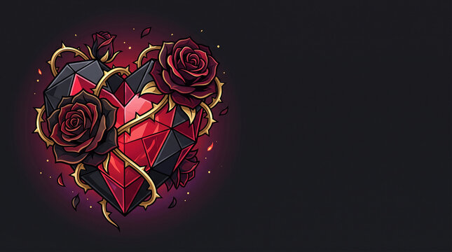 Gothic graphic vector obsidian and ruby crystal heart with dark roses and gold thorns on copy space background
