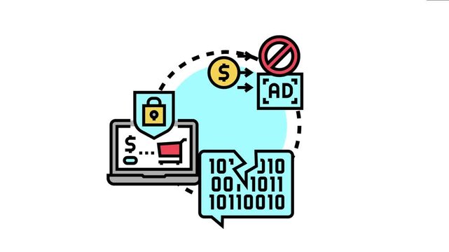 Paywall concept showing money and advertisement blocking normal access to data, with a laptop displaying a shopping cart for malware decryption and a broken binary code speech bubble