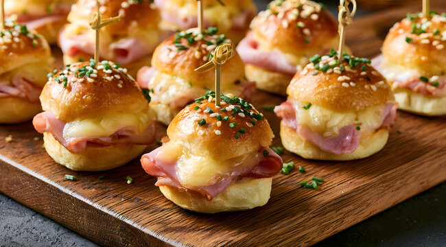 Delicious ham, cheese sliders on a wooden board. Mini sandwiches with melted swiss cheese and pink ham, served in sweet hawaiian buns. Topped with sesame seeds and fresh chives. Tasty party finger foo