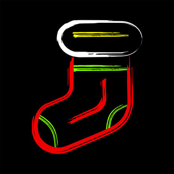 Icon of Christmas stocking painted with grunge rough lines. Outline style in neon vibrant colors. Traditional symbol isolated on black for Christmas, new year holiday, gift decoration.