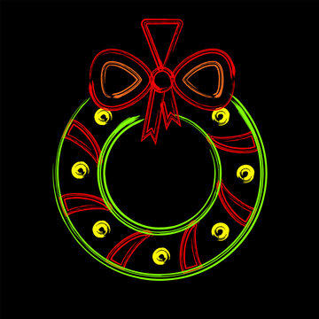 Icon of Christmas wreath painted with grunge rough lines. Outline style in neon vibrant colors. Traditional symbol isolated on black for Christmas, new year holiday, gift decoration.