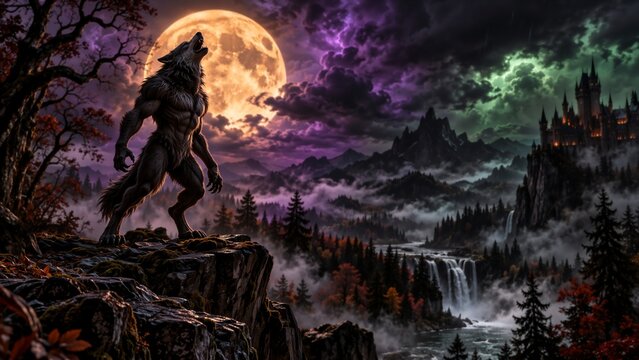 A powerful werewolf stands on a rocky cliff howling at a luminous full moon, surrounded by misty pine forests, waterfalls, and a distant gothic castle under dramatic, colorful skies.