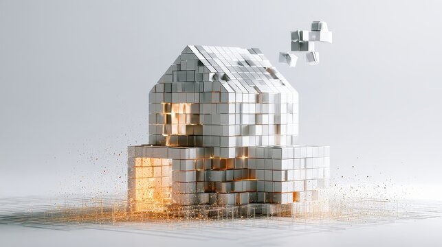 Conceptual digital house made of glowing metallic cubes disintegrating into particles on a white background