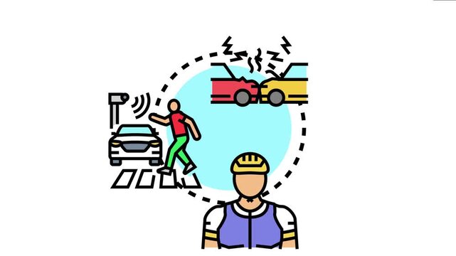 Road safety concept pedestrian crossing, vehicles stopping, cyclist protection, and avoiding traffic collisions through careful driving and awareness