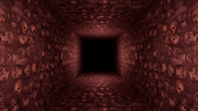 A narrow tunnel lined with countless human skulls, leading into an ominous dark void. Atmospheric and eerie, with a reddish-brown hue dominating the scene.