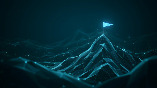Cyberpunk mountain peak with futuristic upward arrow graphic element