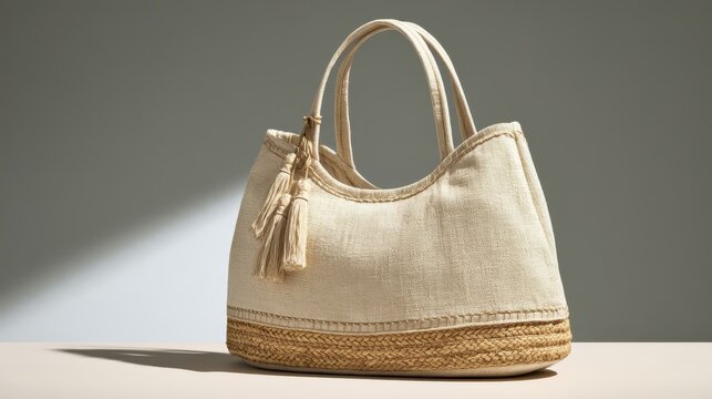 Stylish beige woven handbag with double tassels and a braided jute base, showcasing a textured summer design against a soft neutral studio background