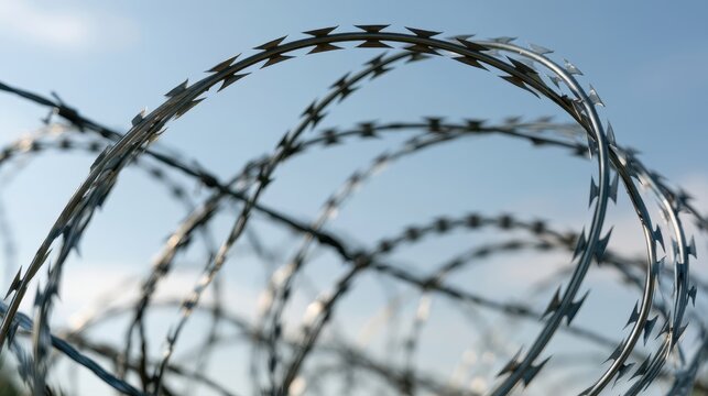 Coil of razor wire against a clear blue sky, symbolizing security, defense, confinement, and restricted boundaries