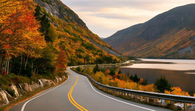 秋の山道を走るドライブコースと色鮮やかな紅葉と湖の風景