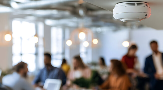 A detailed close-up shot of a sleek white smoke detector installed on the ceiling of a bustling office complex, where the figures are barely discernible in the background, emphasizing the importance o
