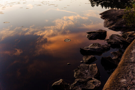 Aerial view of calm lake waters reflecting the golden sunset clouds with dark rocks along the shore and floating water lilies in Hanko, Uusimaa, Finland.