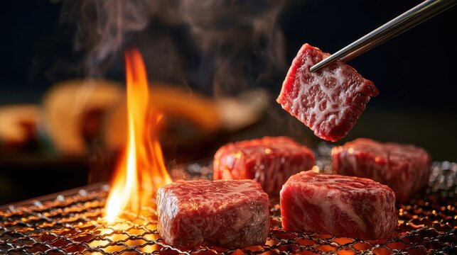 Closeup of premium raw wagyu beef cubes being grilled over an open flame on a charcoal barbecue grill with metal tongs holding a piece of meat