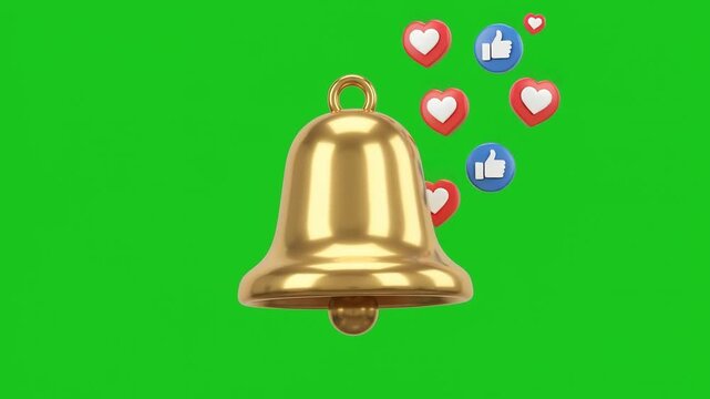 3D Golden Social Media Notification Bell Ringing on Green Screen