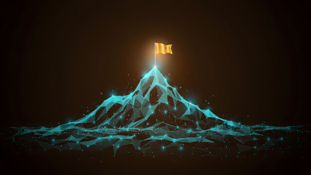 Digital mountain peak with glowing flag graphic element for