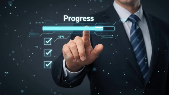 Businessman adjusting digital progress bar slider with completed project task checkmarks