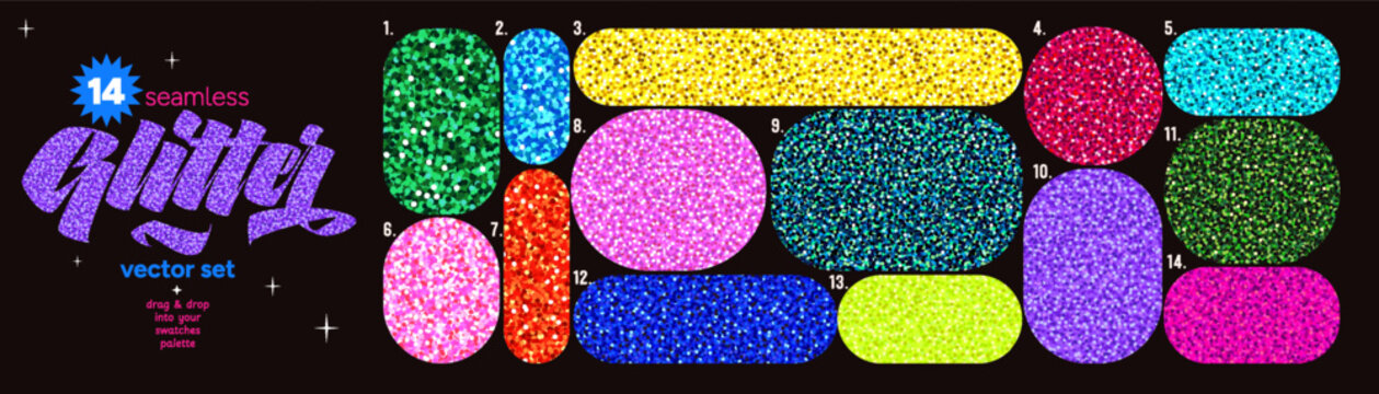 Seamless glitter pattern swatch set with bright sequin textures in green, pink and purple on black background. Colorful glitter sparkle for party design and stickers. Drag to swatches panel to use