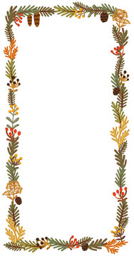 Autumn pine wreath with pinecone and evergreen branch border dotted with orange and red berries. Needle foliage frames open center for photos, suiting cards, banners and forest themed posters