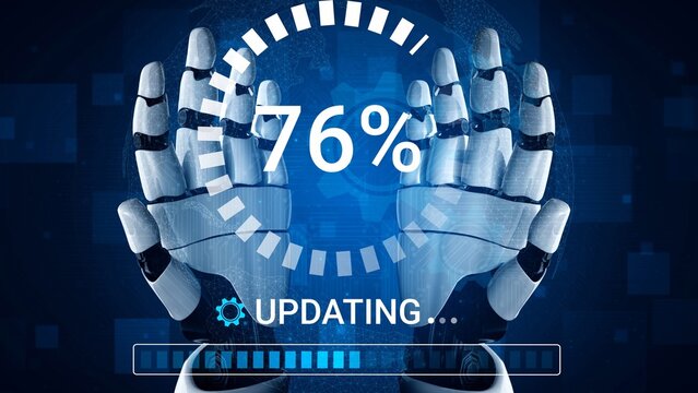 Robotic Hands Displaying Progress Update with Percentage Indication and Futuristic Interface Background. Entropy.