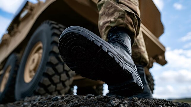 Soldier stepping with military boot near armored vehicle