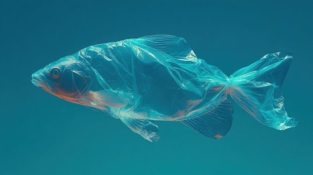 Fish wrapped in a plastic bag as a symbolic concept of ocean pollution and environmental hazard