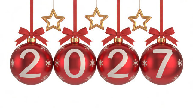 Four red Christmas baubles with 2027 year numbers hanging ornaments