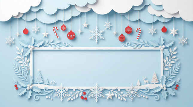 Blue paper art Christmas frame with snowflakes candy cane ornaments clouds holly and reindeer on light blue background